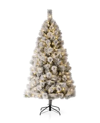 Glitzhome Pre-Lit Flocked Pencil Pine Artificial Christmas Tree with 300 Warm White Lights, 6'