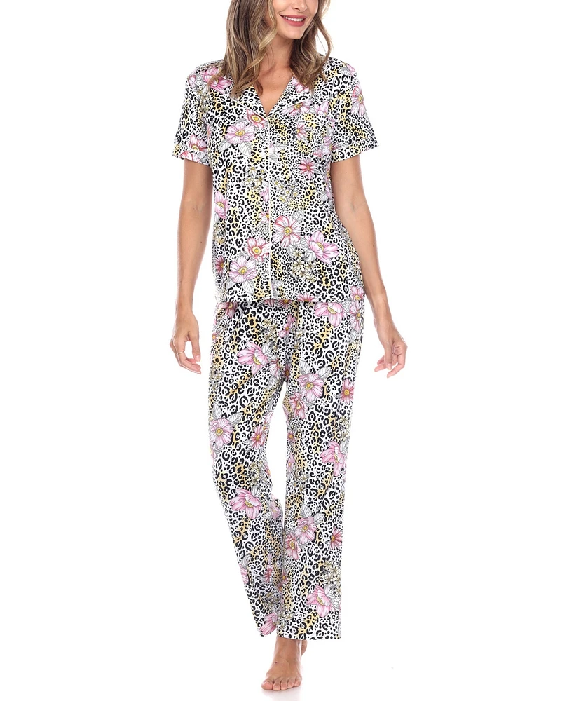 White Mark Women's Short Sleeve Pants Tropical Pajama Set, 2-Piece