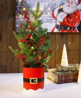 Glitzhome Lighted Santa Belt Potted Table Tree, 22"