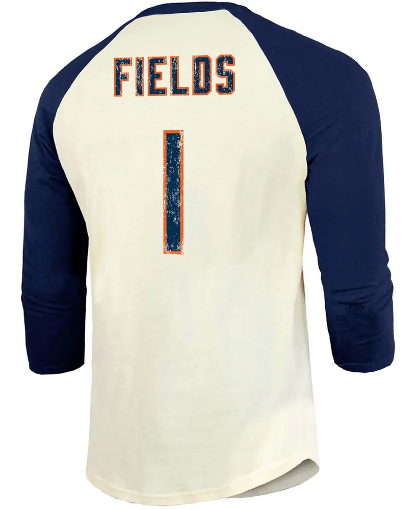 Men's Justin Fields Cream, Navy Chicago Bears Player Name Number Raglan 3/4 Sleeve T-shirt