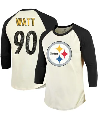 Men's T.j. Watt Cream, Black Pittsburgh Steelers Vintage-Inspired Player Name Number Raglan 3/4 Sleeve T-shirt