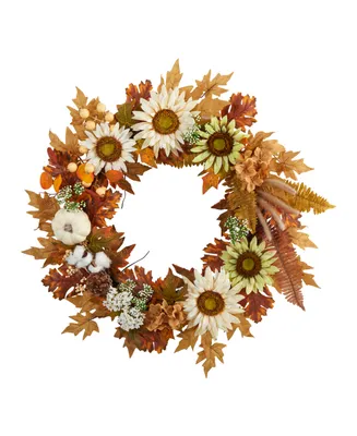 30" Autumn Sunflower, White Pumpkin and Berries Artificial Fall Wreath