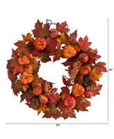 24" Autumn Maple Leaves, Pumpkin, Pinecone and Berries Artificial Fall Wreath