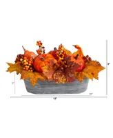 12" Fall Pumpkin and Berries Autumn Harvest Artificial Arrangement in Washed Vase