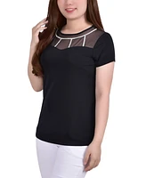 Women's Short Sleeve Crepe Knit Top with Mesh Yoke Stone Details