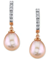 Cultured Pink Freshwater Pearl (9mm) & Diamond (1/5 ct. t.w.) Hoop Dangle Drop Earrings in 14k Rose Gold