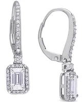 Lab-Created Moissanite (1 ct. t.w.) & Diamond (1/4 ct. t.w.) Emerald-Cut Halo Leverback Drop Earrings in 10k White Gold