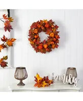 24" Autumn Maple Leaves, Pumpkin, Pinecone and Berries Artificial Fall Wreath