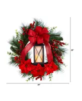 Poinsettia and Berry Holiday Lantern Christmas Wreath with Led Candle, 28"