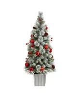 Winter Flocked Artificial Christmas Tree Pre-Lit with 50 Led Lights and Ornaments in Decorative Planter, 4'