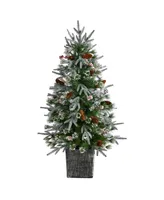 Frosted Artificial Christmas Tree Pre-Lit with 105 Led Lights and Berries in Decorative Planter, 4'