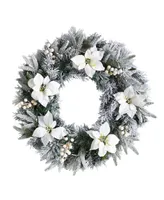 Flocked Poinsettia and Pine Artificial Christmas Wreath with 50 Warm Led Lights, 24"