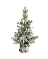 Flocked Christmas Artificial Tree in Decorative Birch Bark Planter with 30 Led Lights, 24"