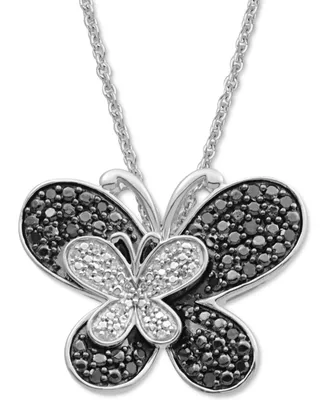 Black Diamond (1/6 ct. t.w.) & White Diamond Accent Double Butterfly Pendant Necklace in Sterling Silver, 16" + 2" extender