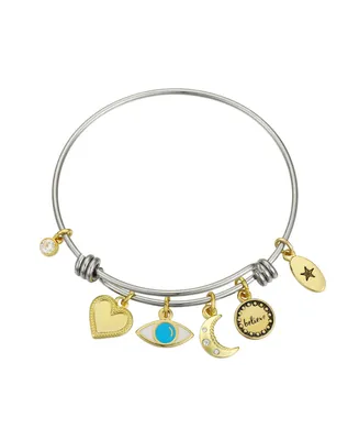 Unwritten Believe Evil Eye Adjustable Bangle Bracelet In Stainless Steel and Gold Flash Plated Charms - Two