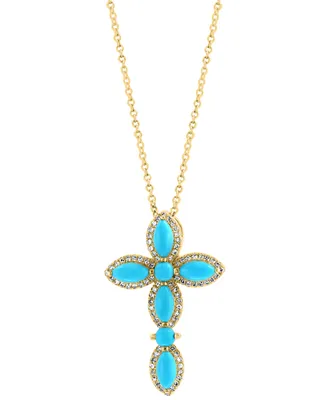 Effy Turquoise & Diamond (1/5 ct. tw.) Cross 18" Pendant Necklace in 14k Gold