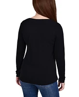 Ny Collection Petite Long Sleeve Studded Colorblocked Split Neck Top