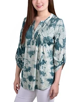 Ny Collection Petite Knit Jacquard 3/4 Sleeve Roll Tab Pintuck Top