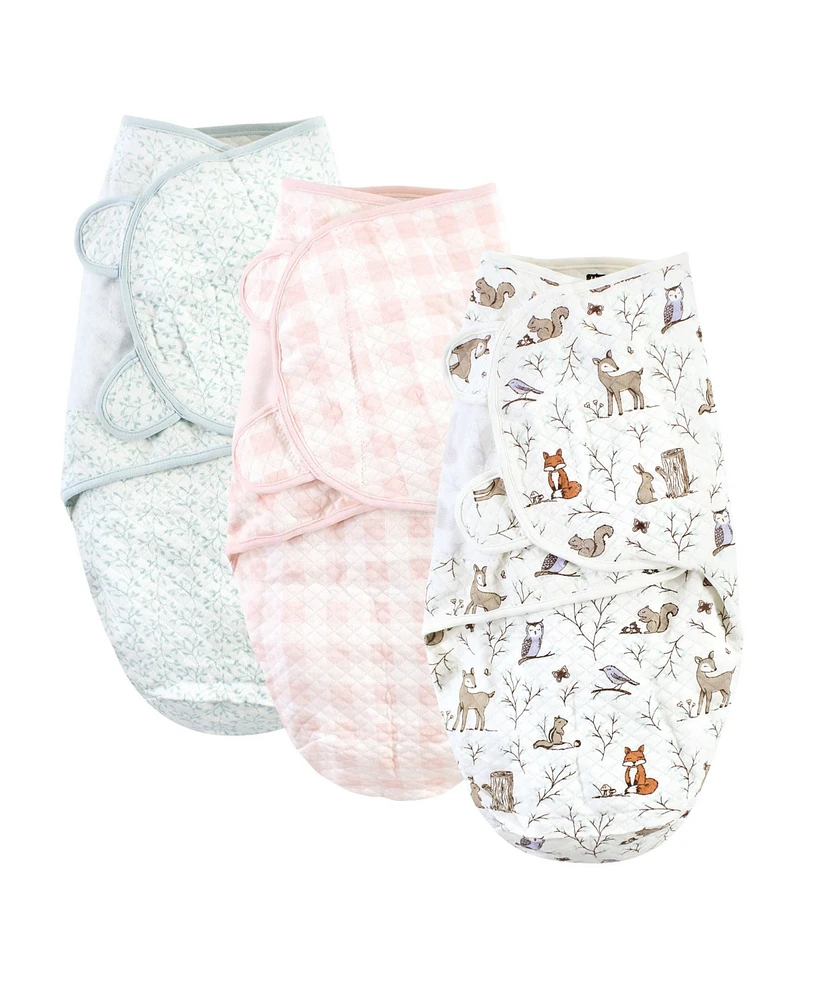 Hudson Baby Girls Quilted Cotton Swaddle Wrap 3pk, Enchanted Forest, 0-3 Months