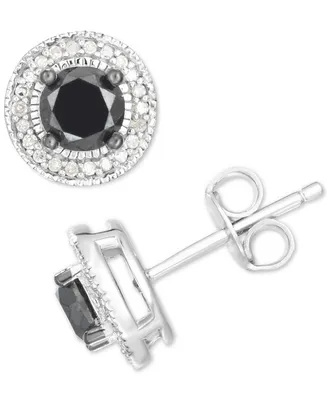 Black Diamond (7/8 ct. t.w.) & White Diamond (1/10 ct. t.w.) Halo Stud Earrings in Sterling Silver