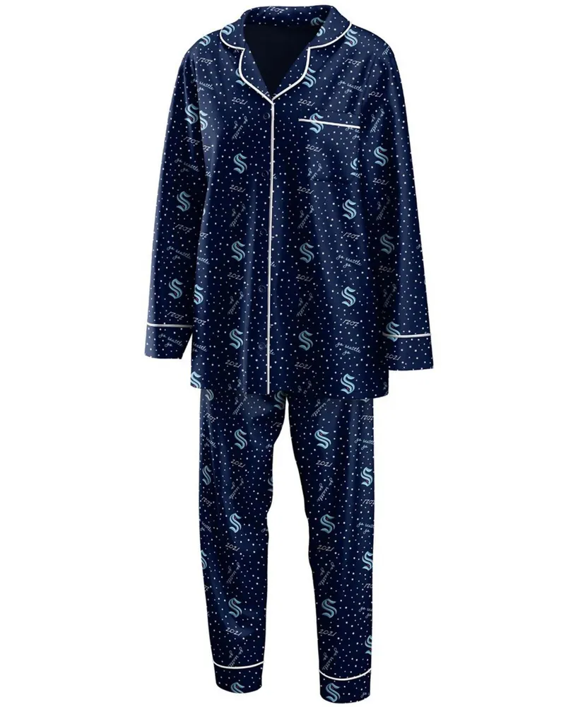 Women's Deep Sea Blue Seattle Kraken Long Sleeve Button-Up Shirt and Pants Sleep Set