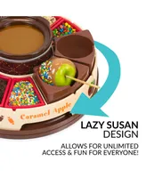 Nostalgia Lazy Susan Chocolate Caramel Apple Party with Heated Fondue Pot, 25 Sticks, Decorating and Toppings Trays