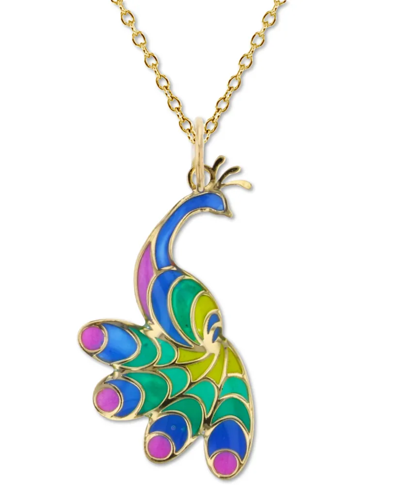 Enamel Peacock 18" Pendant Necklace in 14K Yellow Gold