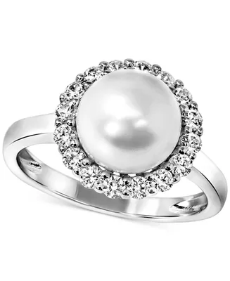 Cultured Freshwater Pearl (8 mm) & Cubic Zirconia Halo Ring Sterling Silver