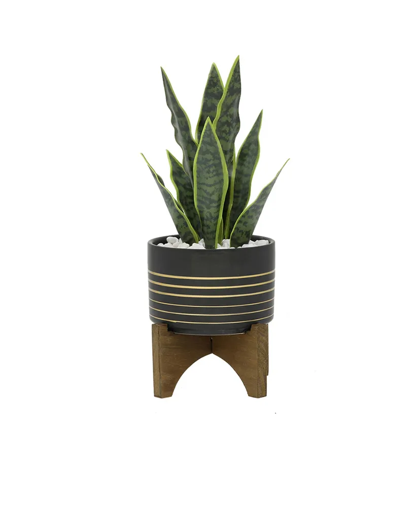 12" Artificial Snake Plant in 4.75" Ceramic Planter on Wood Stand