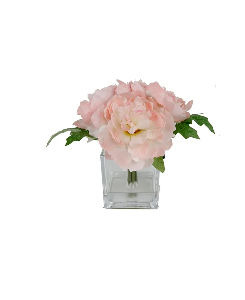 Flora Bunda 9 Artificial Silk Peony Arrangement in Glass Pot, Pink