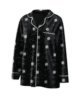 Women's Black Brooklyn Nets Long Sleeve Button-Up Shirt Pants Sleep Set