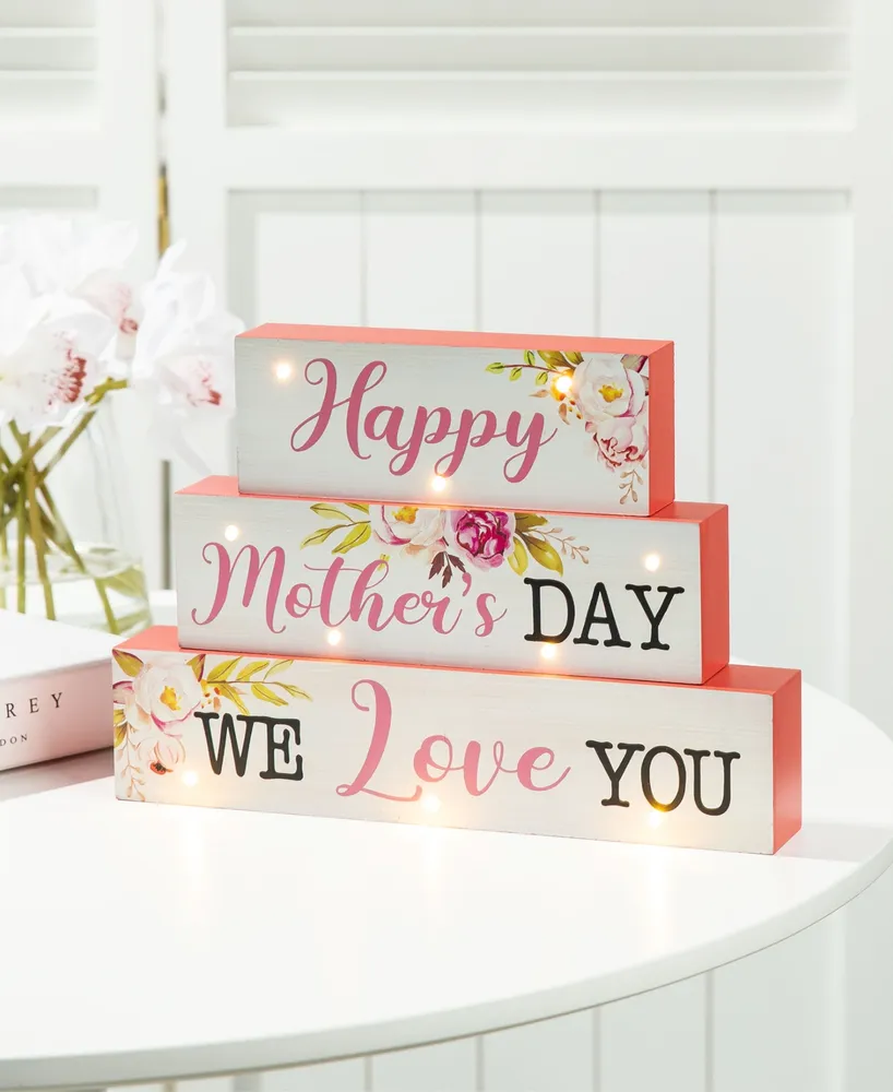 Glitzhome 12" Lighted Wooden Happy Mother's Day Block Sign