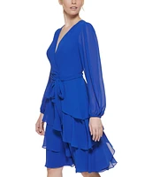 Jessica Howard Petite Blouson-Sleeve Tiered Chiffon Fit & Flare Dress