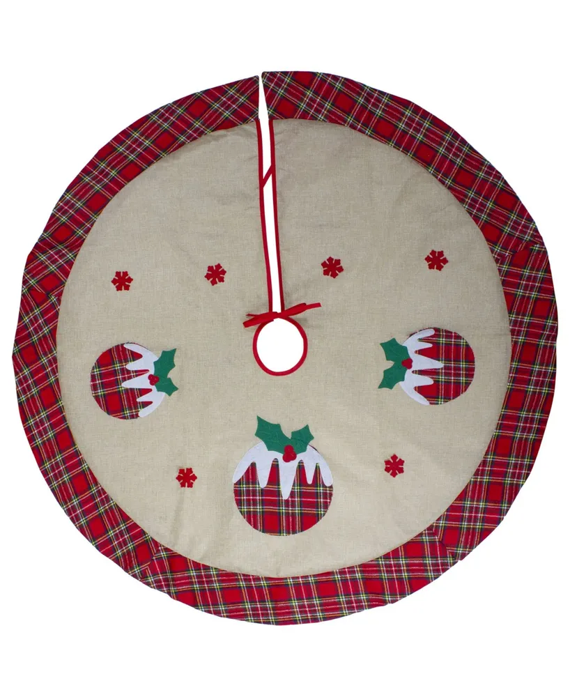 48" Burlap Plaid Tree Skirt with Christmas Puddings