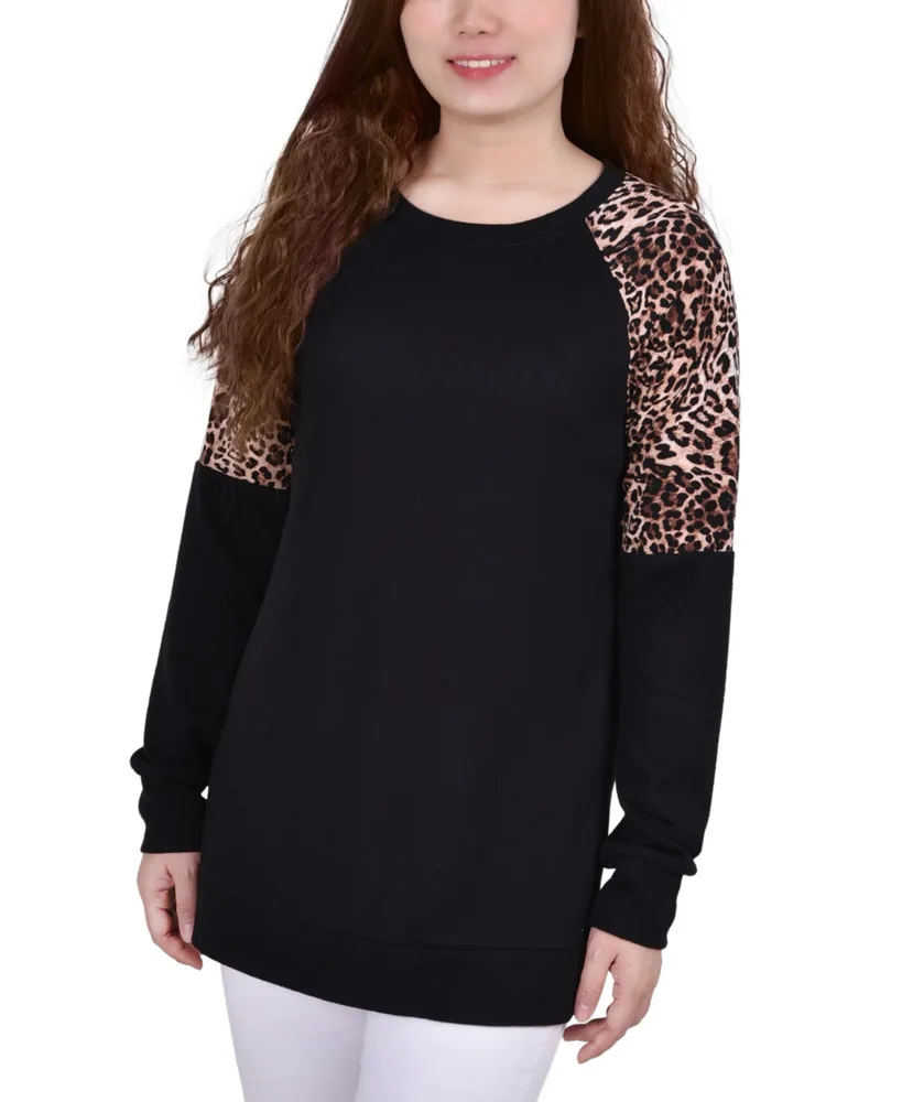 Petite Long Raglan Sleeve Tunic with Animal Print Insets Top