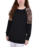 Petite Long Raglan Sleeve Tunic with Animal Print Insets Top