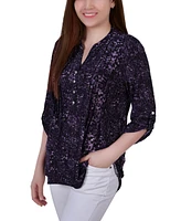 Women's 3/4 Roll Tab Sleeve Y-neck Top