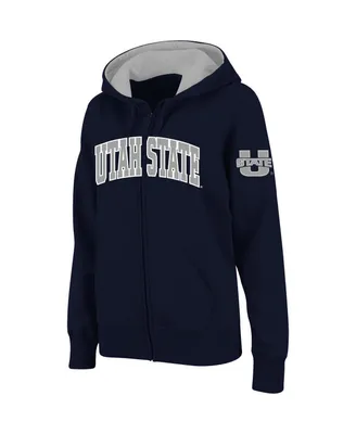 Women's Stadium Athletic Navy Utah State Aggies Arched Name Full-Zip Hoodie