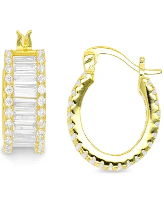 Cubic Zirconia Baguette Hoop Earrings in Sterling Silver or 14k Gold-Plated Sterling Silver