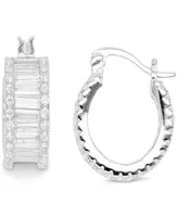 Cubic Zirconia Baguette Hoop Earrings Sterling Silver or 14k Gold-Plated