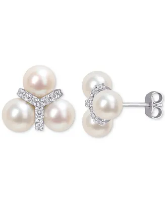 Cultured Freshwater Pearl (6 - 6-1/2mm) & White Topaz (1/5 ct. t.w.) Trio Cluster Stud Earrings in Sterling Silver