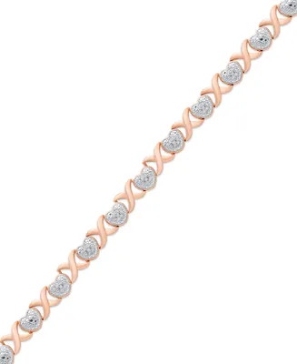 Diamond Accent Heart X Link Bracelet Silver Plate or Gold Rose