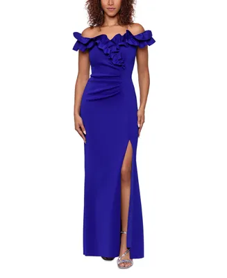 Xscape Ruffled Ruched Scuba Fit & Flare Gown