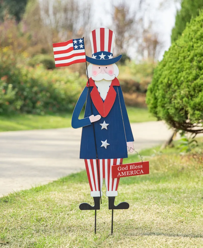 Glitzhome Wooden Patriotic Uncle Sam Yard Stake or Wall Decor or Porch Decor Kd, Three Function, 36"