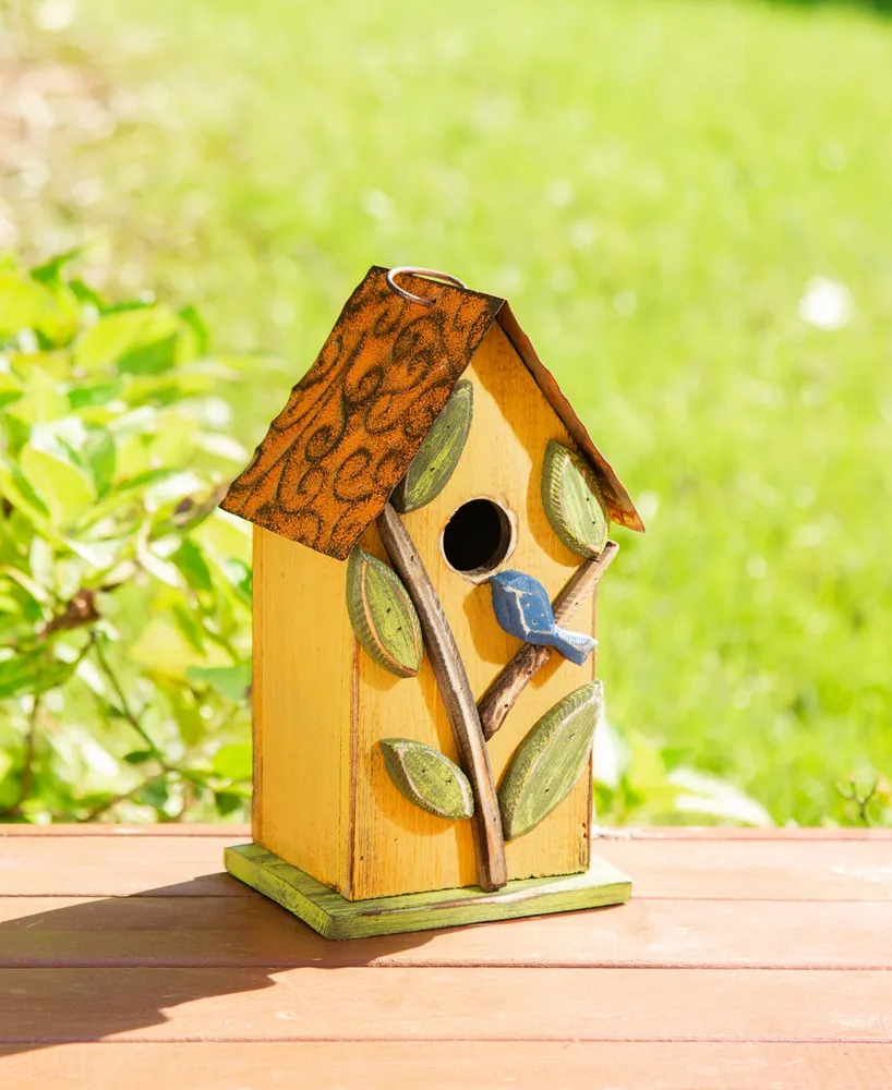 Glitzhome 9.75" Washed Birdhouse with 3D Tree and Bird