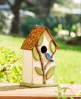 Glitzhome 9.75" Washed Birdhouse with 3D Tree and Bird