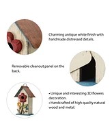 Glitzhome 10.25" Washed Birdhouse with 3D Flowers