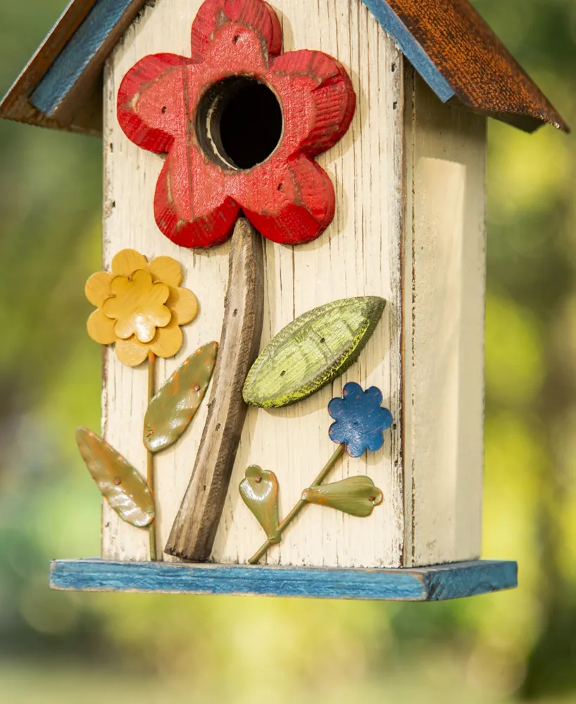 Glitzhome 10.25" Washed Birdhouse with 3D Flowers - Off