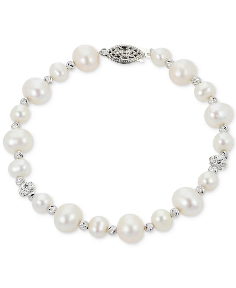 Cultured Freshwater Pearl (5-6 & 8-9mm) & Crystal Bracelet in Sterling Silver