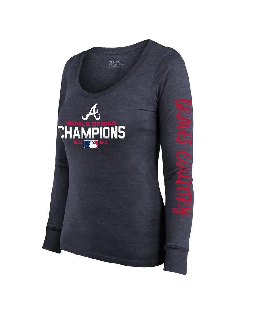 Women's Majestic Threads Navy Atlanta Braves 2021 World Series Champions Two-Hit Tri-Blend Long Sleeve Scoop Neck T-shirt